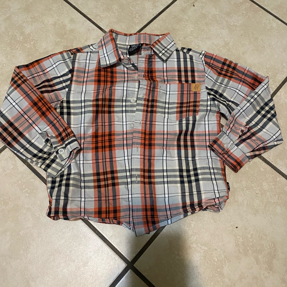 Boys Orange & Black Plaid Button-Up Shirt